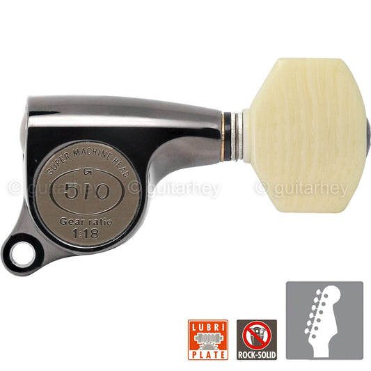 NEW Gotoh SGS510Z-M07 6 in Line Set Mini Tuners IVORY Buttons 18:1 - COSMO BLACK