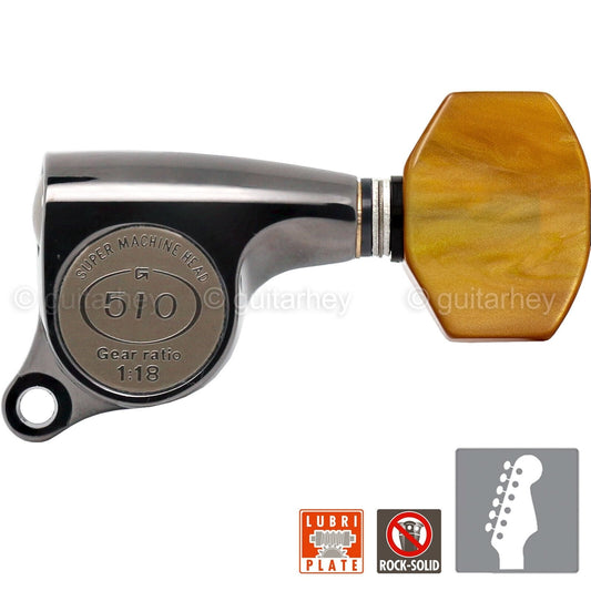 NEW Gotoh SGS510Z-P8 6 in Line Set Mini Tuners AMBER Buttons 18:1 - COSMO BLACK