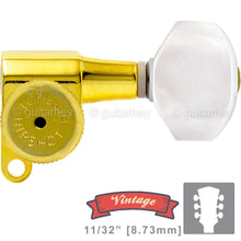 Load image into Gallery viewer, NEW Hipshot Vintage L3+R3 LOCKING Mini Tuners SET HEX PEARL Buttons 3x3 - GOLD