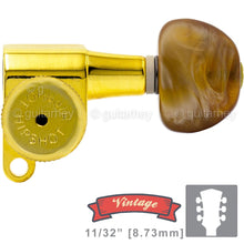 Load image into Gallery viewer, NEW Hipshot Vintage L3+R3 LOCKING Mini Tuners SET MOON AMBER Buttons 3x3 - GOLD