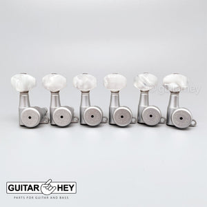 Hipshot VINTAGE 6-in-Line Locking Tuners Non-Stag HEX PEARL Buttons SATIN CHROME