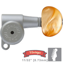 Load image into Gallery viewer, Hipshot VINTAGE 6-in-Line Locking Tuners STAGGERED Amber Buttons - SATIN CHROME