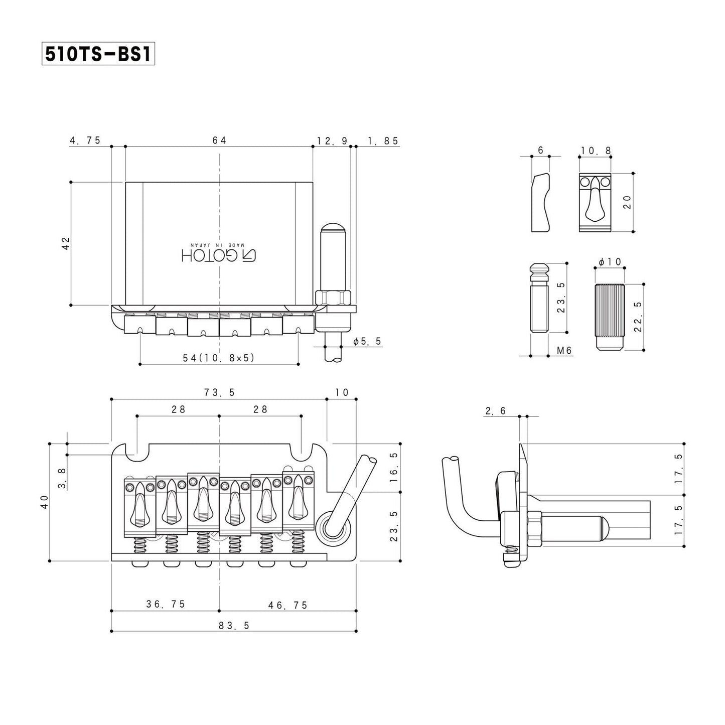 NEW Gotoh 510TS-BS1 Non-locking 2 Point Tremolo Bridge w/ STEEL Block - BLACK