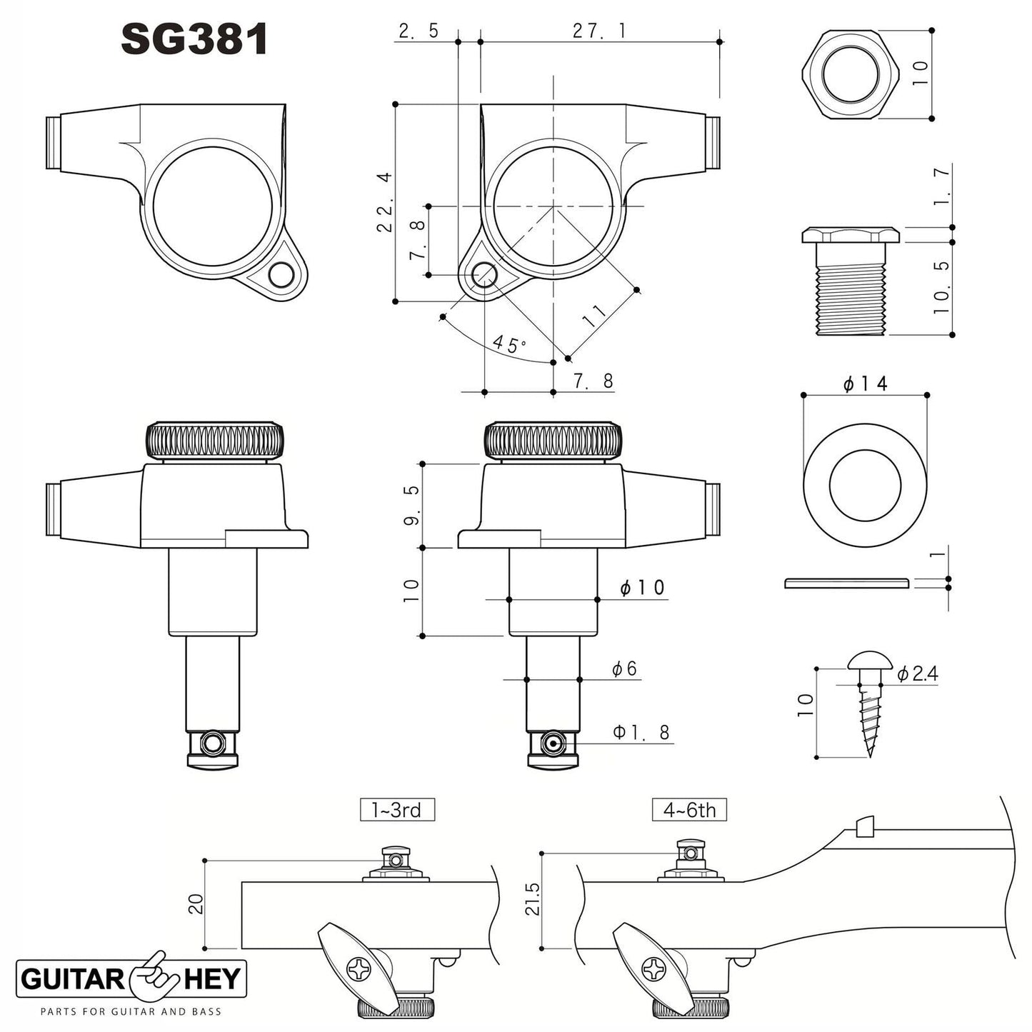 NEW Gotoh SG381-07 MGT LOCKING Set 6 in line ESP/LTD Staggered BASS SIDE - COSMO