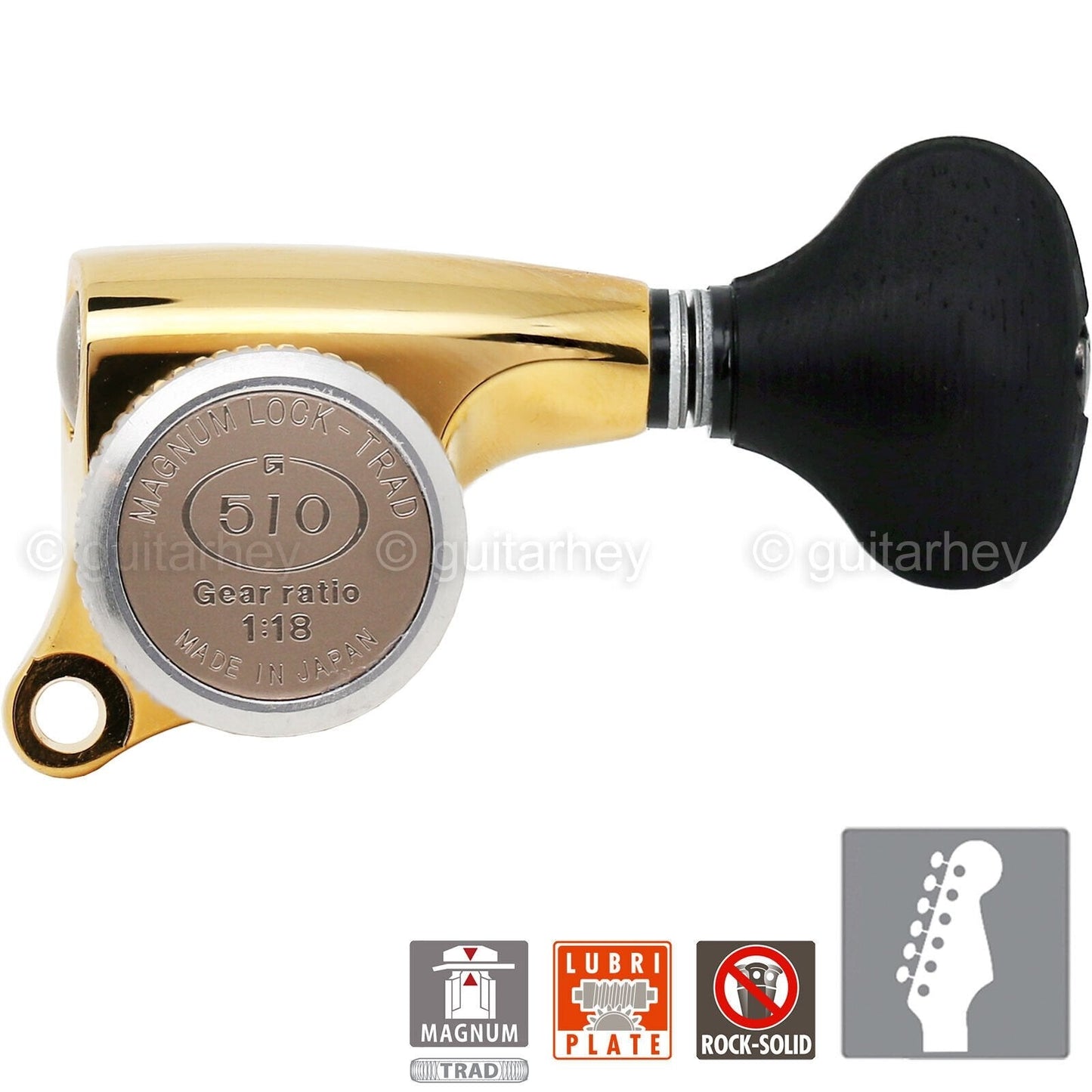 NEW Gotoh SGS510Z-ES5 MGT 6 in line LOCKING Tuners Set w/ EBONY Buttons - GOLD