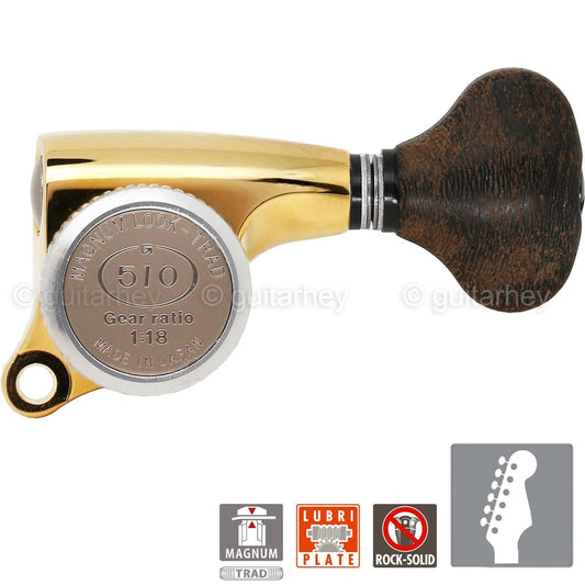 NEW Gotoh SGS510Z-ZS5 MGT 6 in line LOCKING Tuners Set w/ WOOD Buttons - GOLD