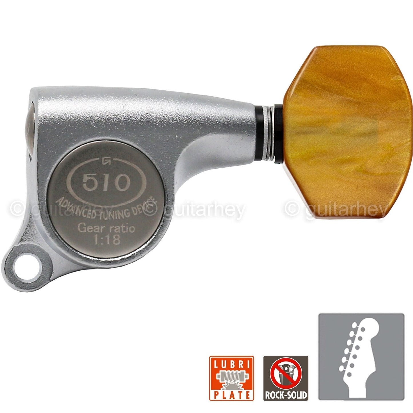 NEW Gotoh SGS510Z-P8 6 in Line Set Mini Tuners Amber Buttons 18:1 - CHROME SATIN