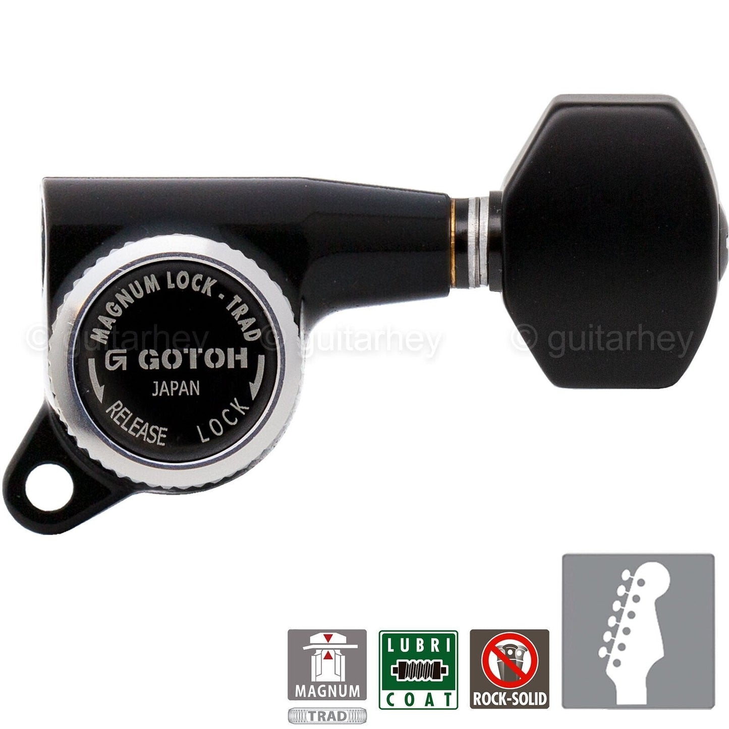 NEW Gotoh SG381-B07 MGT MAGNUM LOCKING TRAD Set 6 in line PLASTIC Buttons, BLACK