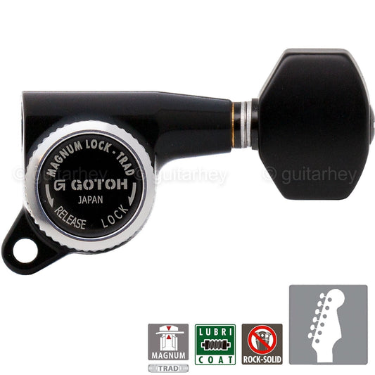NEW Gotoh SG381-B07 MGT MAGNUM LOCKING TRAD Set 6 in line PLASTIC Buttons, BLACK