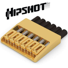 Carregar imagem no visualizador da galeria, NEW Hipshot 6 String Guitar Headless ALUMINUM Fixed Bridge Brass Knobs - GOLD