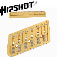 Load image into Gallery viewer, USA Hipshot 6 String Multi-Scale Fixed Guitar Bridge 21° Angle .175&quot; Floor GOLD