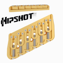 Load image into Gallery viewer, USA Hipshot 6 String Multi-Scale Fixed Guitar Bridge 26° Angle .125&quot; Floor GOLD