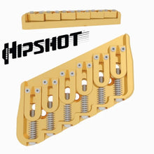 Carregar imagem no visualizador da galeria, USA Hipshot 6 String Multi-Scale Fixed Guitar Bridge 26° Angle .175&quot; Floor GOLD