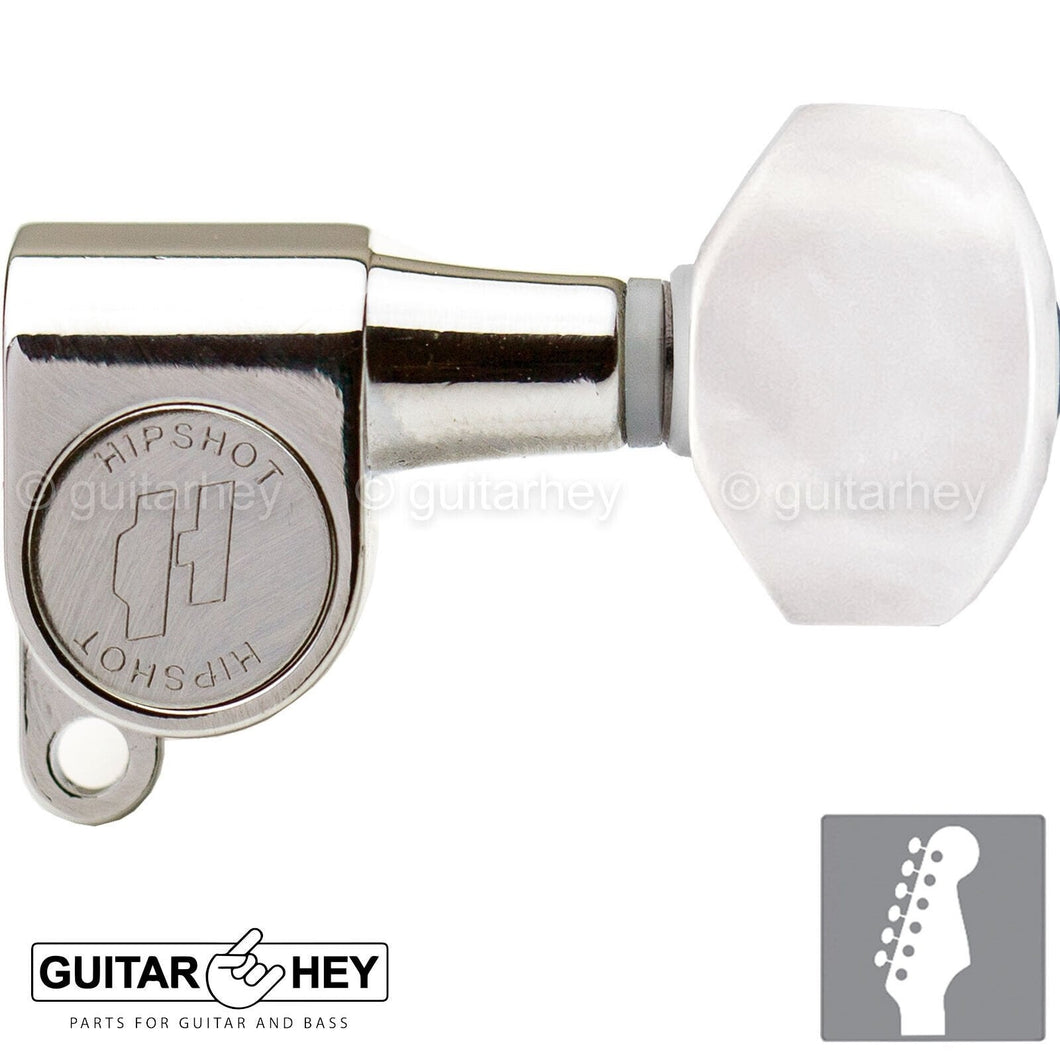 NEW Hipshot Classic Mini Tuners 6 in line STAGGERED w/ PEARL Buttons - NICKEL