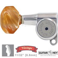 Load image into Gallery viewer, NEW Hipshot VINTAGE 6-in-Line Locking Tuners STAGGERED AMBER Left-Handed, CHROME