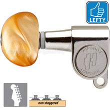 Load image into Gallery viewer, NEW Hipshot Mini Tuners Set 6-In-Line Non-Staggered AMBER Buttons LEFTY - NICKEL