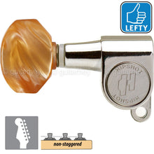 Load image into Gallery viewer, Hipshot Mini Tuners Set 6-In-Line Non-Staggered AMBER Hex Buttons LEFTY - NICKEL