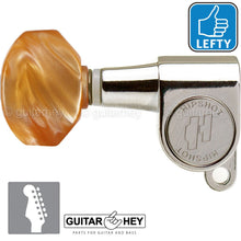 Load image into Gallery viewer, Hipshot Mini Tuners Set 6-In-Line STAGGERED Small Hex AMBER Buttons LEFTY NICKEL