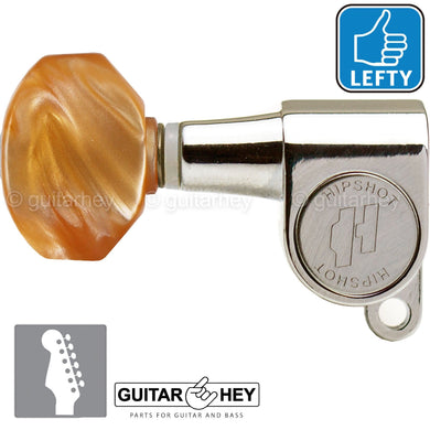 Hipshot Mini Tuners Set 6-In-Line STAGGERED Small Hex AMBER Buttons LEFTY NICKEL