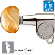 Load image into Gallery viewer, Hipshot Mini Tuners Set 6-In-Line STAGGERED Half-Moon AMBER Buttons LEFTY NICKEL