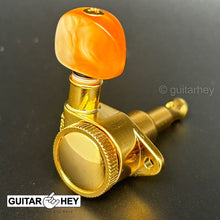 Load image into Gallery viewer, NEW Grover 502 LOCKING Tuners 3x3 Modern Gibson Les Paul MOON AMBER Buttons GOLD