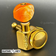 Load image into Gallery viewer, NEW Grover 502 LOCKING Tuners 3x3 Modern Gibson Les Paul HEX AMBER Buttons GOLD