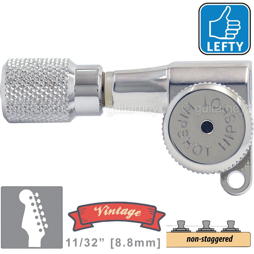 VINTAGE Hipshot 6-in-Line Locking NON-Staggered KNURLED Buttons LEFT-HAND CHROME