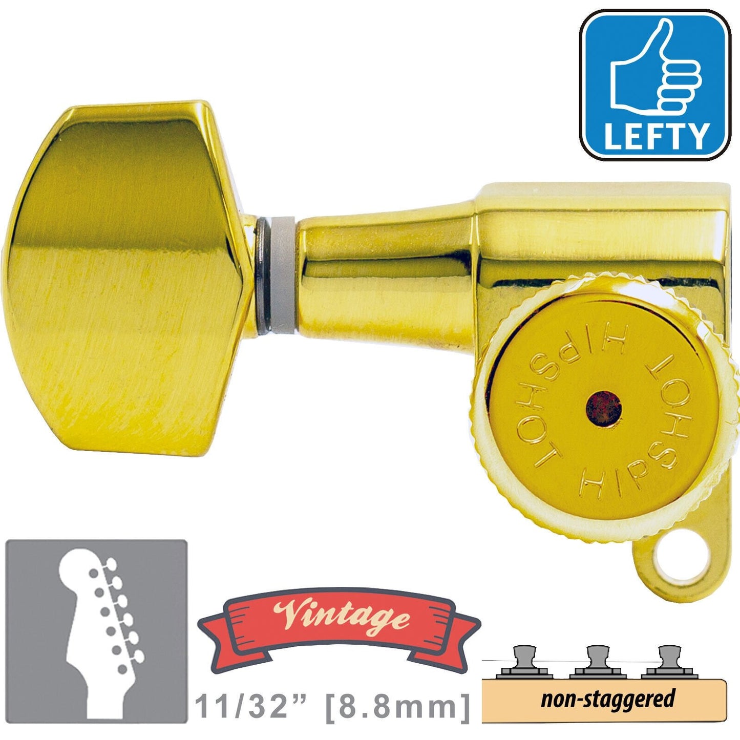 VINTAGE Hipshot 6-in-Line Locking NON-Staggered Keys SMALL Button LEFT-HAND GOLD
