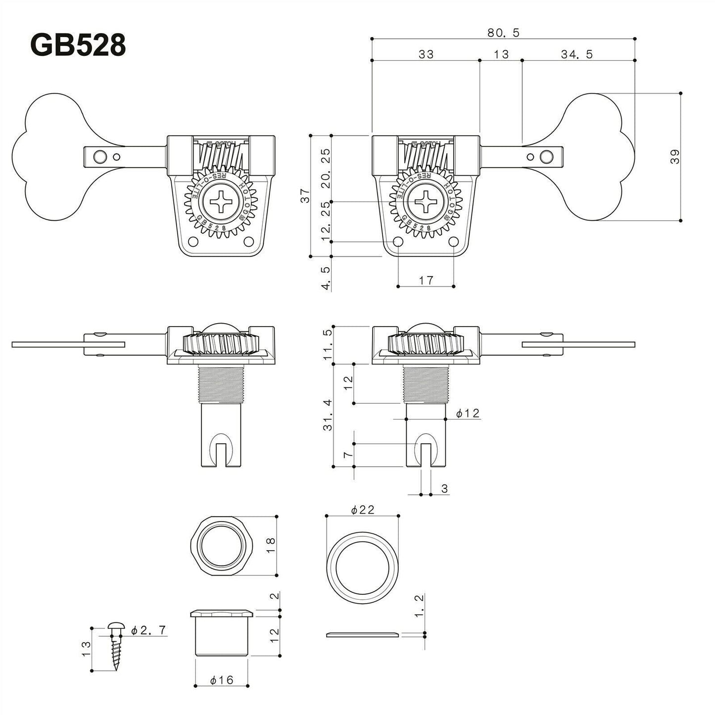 NEW Gotoh Res-O-Lite GB528 Vintage Style Bass L4+R1 Set Lightweight 4x1 - X-GOLD