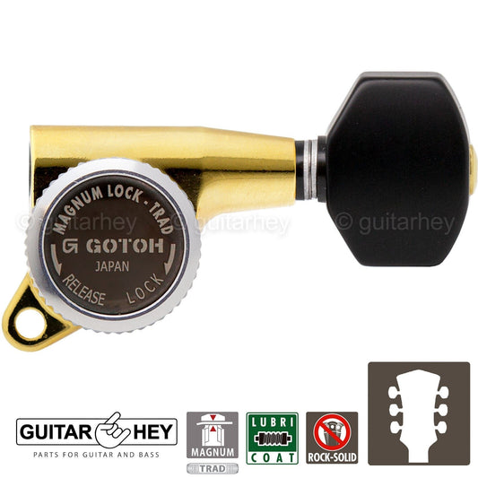 NEW Gotoh SG381-B07 MGT Locking Tuning BLACK Plastic Buttons Keys Set 3x3 - GOLD