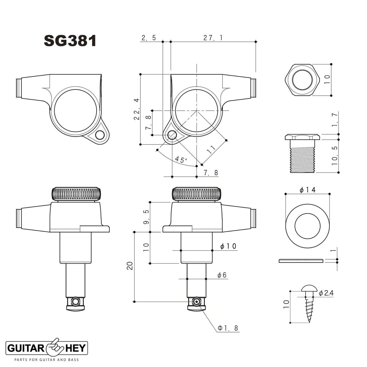 NEW Gotoh SG381-01 MGT MAGNUM LOCKING TRAD Large Buttons Keys Set 3x3 - NICKEL