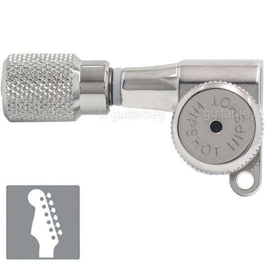 NEW Hipshot 6-in-Line LEFT-HANDED Mini Locking STAGGERED KNURLED Buttons, CHROME