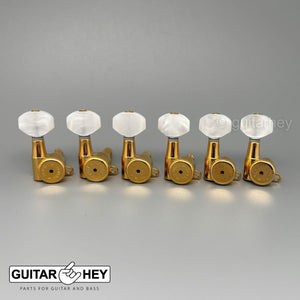 Hipshot 6-In-Line STAGGERED Closed-Gear Locking Mini Tuners PEARLOID Keys - GOLD