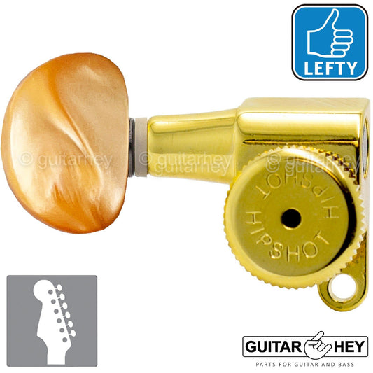 NEW Hipshot 6-In-Line STAGGERED Tuners AMBER Buttons Locking LEFT HANDED - GOLD