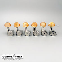 Load image into Gallery viewer, NEW Hipshot 6-in-Line LOCKING Tuners SET w/ AMBER Buttons Non-Staggered - NICKEL