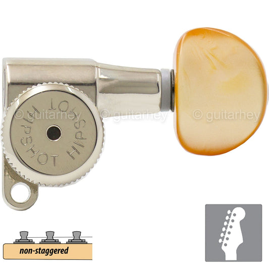NEW Hipshot 6-in-Line LOCKING Tuners SET w/ AMBER Buttons Non-Staggered - NICKEL