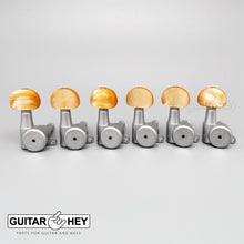 Carregar imagem no visualizador da galeria, NEW Hipshot 6-in-Line STAGGERED Locking Tuners Set AMBER Buttons, SATIN CHROME