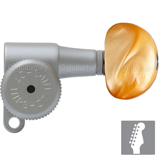 NEW Hipshot 6-in-Line STAGGERED Locking Tuners Set AMBER Buttons, SATIN CHROME