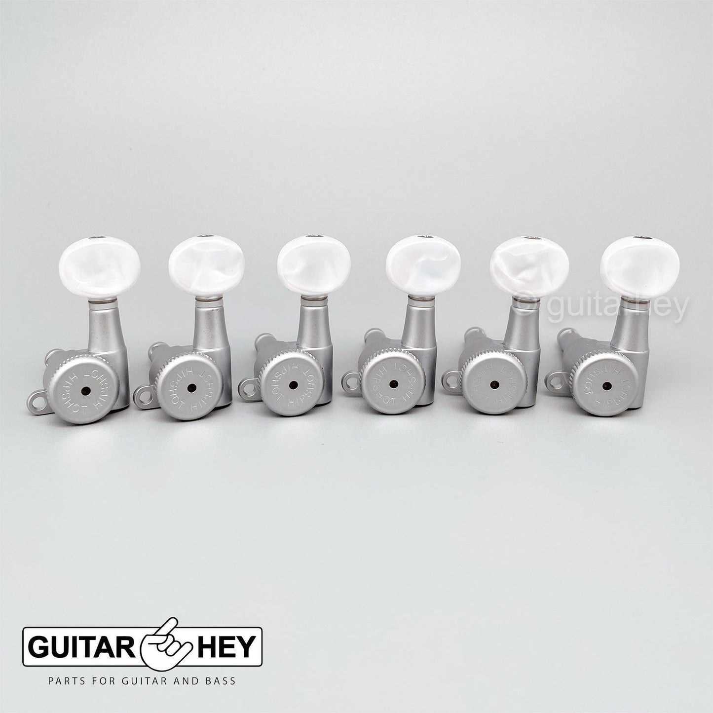 Hipshot 6-in-Line Mini LOCKING Tuners w/ OVAL PEARLOID LEFT-HANDED, SATIN CHROME