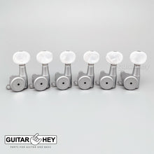 Carregar imagem no visualizador da galeria, Hipshot 6-in-Line Mini LOCKING Tuners w/ OVAL PEARLOID LEFT-HANDED, SATIN CHROME