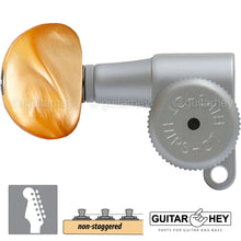 Load image into Gallery viewer, Hipshot 6-in-Line Mini LOCKING Tuners AMBER Buttons LEFT-HANDED, SATIN CHROME