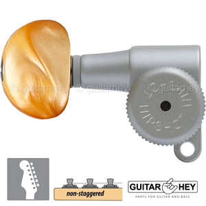 Hipshot 6-in-Line Mini LOCKING Tuners AMBER Buttons LEFT-HANDED, SATIN CHROME