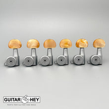 Load image into Gallery viewer, Hipshot 6-in-Line Mini LOCKING Tuners AMBER Buttons LEFT-HANDED, SATIN CHROME