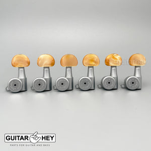 Hipshot 6-in-Line Mini LOCKING Tuners AMBER Buttons LEFT-HANDED, SATIN CHROME