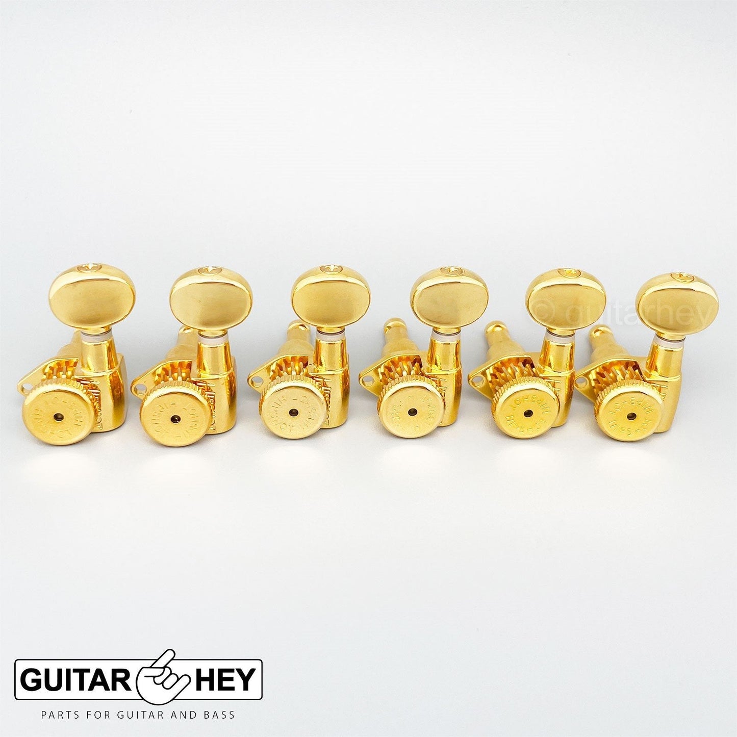 NEW Hipshot 6 inline Open-Gear Grip-Locking STAGGERED OVAL Buttons TREBLE - GOLD