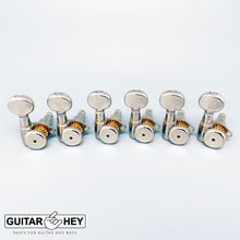 Load image into Gallery viewer, NEW Hipshot LOCKING Tuners 6 in line STAGGERED w/ SMALL OVAL Buttons - NICKEL