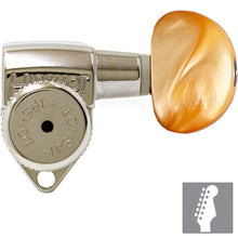 Load image into Gallery viewer, NEW Hipshot LOCKING Tuners 6 in line STAGGERED w/ SMALL AMBER Buttons - NICKEL