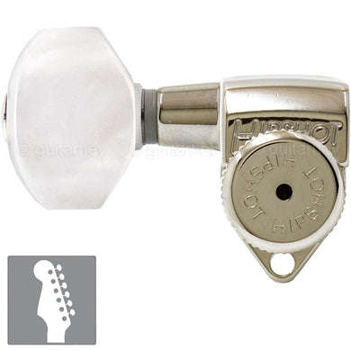 Hipshot LOCKING Tuners 6 in line STAGGERED w/ PEARLOID LEFT-HANDED - NICKEL