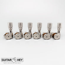 Load image into Gallery viewer, Hipshot LOCKING Tuners 6 in line STAGGERED Knurled Buttons LEFT-HANDED - NICKEL