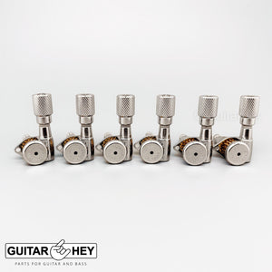 Hipshot LOCKING Tuners 6 in line STAGGERED Knurled Buttons LEFT-HANDED - NICKEL